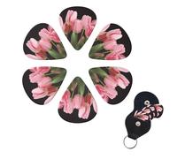 pink tulips Guitar Picks 6 Pack, 0.96mm Thickness Celluloid Bass Pick with Leather Guitar Pick Holder Keychain Abstract Art Pics Plectrum for Acoustic Electric Guitar, Ukulele, Bass