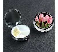Pink Tulips Pill Box with Mirror 3 Compartment Decorative Pill Case for Purse or Pocket Small Round Pill Organizer Weekly Metal Medicine Tablet Vitamin Holder Travel Gift