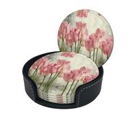 Pink Tulips Print Round Leather Coasters - Set Of 6, Ultra-Fiber Pu Leather