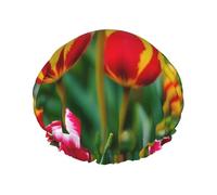 Pink Tulips Print Shower Essentials Bonnet For Women, Large Washable Elastic Band Bath Hair Wrap Shower Cap
