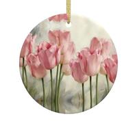 Pink Tulips Printing Personalized Christmas Ceramic Ornament Xmas Hanging Decoration For Home Holiday Party Decor
