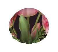 pink tulips Shower Cap for Women Men, Adjustable Reusable Shower Bonnet Double Layer Waterproof Bath Caps, EVA Lining, Elastic Band Hair Cap for All Hair Lengths