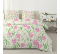 Pink Tulips Single Duvet 7.5 Tog, Anti-Allergy Coverless Flowers Duvet Single, Beige Bed Quilts for All Seasons - Soft & Machine Washable Comforter Bedding with 2 Pillowcases - D97