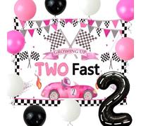 Pink Two Fast Birthday Decorations Growing Up Two Fast Backdrop Number 2 Balloons Racing Car 2nd Birthday for Racing Car Party