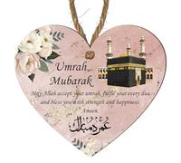 Pink Umrah Mubarak Heart Plaque - Islamic Kaaba Wall Hanging, Floral Umrah Gift, Muslim Pilgrimage, Hajj & Umrah Home Decor, Blessings & Dua Plaque (Small: 10 cm (H) × 9 cm (W))