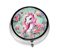 Pink Unicorn Round mini Pill Box, Lightweight and Portable, with 3 Plastic Inserts, Suitable for Carrying in Pockets or Wallets.
