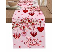 Pink Valentine's Day Table Runner, Red Love Heart Tree Cotton Linen Tablecloth Spring Holiday Farmhouse Table Decorations for Home,Kitchen,Dining Room,Indoor,Outdoor,13X90 Inches Long,Be My Valentine