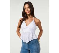 Pink Vanilla Broderie Hanky Hem Halter Neck Top - L - Ivory