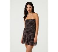 Pink Vanilla Check Bandeau Ruffle Mini Dress - S - Brown