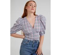 Pink Vanilla Check Puff Sleeve Crop Top In Blue Blue 10