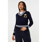 Pink Vanilla Contrast V-Neck Teddy Jumper - S-M - Navy