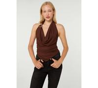 Pink Vanilla Diamante Hardware Rib Cowl Neck Hanky Hem Top - One Size - Brown
