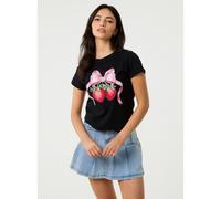 Pink Vanilla Diamante Strawberry Bow Tee - M-L - Black