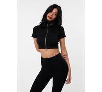 Pink Vanilla Double Zip Short Sleeve Rib Top In Black Black S/M