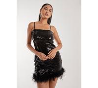 Pink Vanilla Faux Feather Premium Sequin Mini Dress In Black Black 8