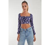 Pink Vanilla Floral Printed Long Balloon Sleeve Top In Navy Navy L