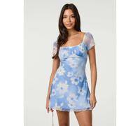 Pink Vanilla Floral Printed Mesh Cap Sleeve Mini Dress - L - Blue