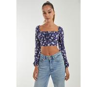 Pink Vanilla Floral Printed Milkmaid Long Balloon Sleeve Top - L - Navy