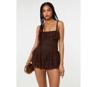 Pink Vanilla Frill Front Lace Square Neck Playsuit - S - Brown