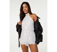 Pink Vanilla Halter Lace Peplum Playsuit - L - Ivory