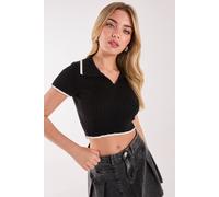 Pink Vanilla Knit Collared Contrast Top In Black Black M/L