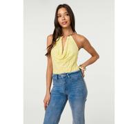 Pink Vanilla Lace Bodysuit With Halter Gold Trim - One Size - Light Yellow