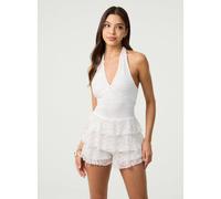 Pink Vanilla Lace Halterneck Tiered Mini Dress With Shorts - M - Ivory