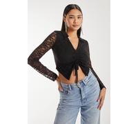 Pink Vanilla Lace Long Sleeve Tie Front Top In Black Black 6