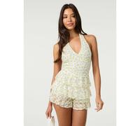 Pink Vanilla Lemon Printed Lace Halter Neck Mini Dress With Shorts - S - Light Yellow