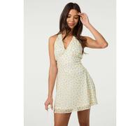 Pink Vanilla Lemon Printed Mesh Halter Neck Dress - L - Light Yellow