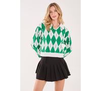 Pink Vanilla Long Sleeve Collared Diamond Top In Green Green M/L
