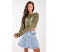 Pink Vanilla Long Sleeve Crochet Top In Khaki Khaki S