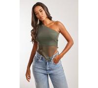 Pink Vanilla Mesh One Shoulder Hanky Top In Khaki Khaki S