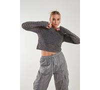 Pink Vanilla Metallic Long Sleeve Crochet Top In Charcoal Charcoal M