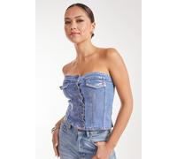 Pink Vanilla Metallic Silver Foil Denim Corset Top In Blue Blue S