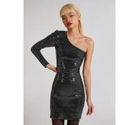 Pink Vanilla One Shoulder Ruched Sleeve Sparkle Dress - UK 10 - Black