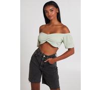 Pink Vanilla Pale Green Waffle Rib Ruched Crop Top Pale Green L