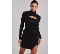 Pink Vanilla Ribbed Roll Neck Front Split Midi Dress In Black Black S