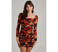 Pink Vanilla Ruched Smudge Print Strappy Dress In Orange Orange 6