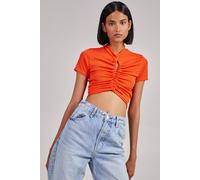 Pink Vanilla Short Sleeve Gathered Keyhole Ribbed Top In Orange Orange L