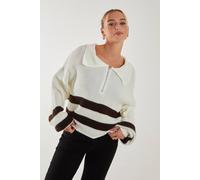 Pink Vanilla Striped Zip-Up Collar Knitted Jumper In Ivory Ivory M/L