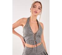 Pink Vanilla Washed Pu Tie Detail Corset Top In Black Black M