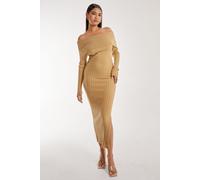 Pink Vanilla Women's Bardot Ribbed Knit Midi Dress in Camel | Size: Medium Pink Vanilla Camel M