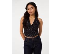 Pink Vanilla Women's Black Ruched Side Halter Top In Polka Dot | Size: Medium Pink Vanilla Black M