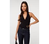 Pink Vanilla Women's Black Slinky Gold Buckle Halter Neck Top | Size: Small Pink Vanilla Black S