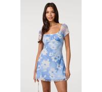 Pink Vanilla Women's Blue Floral Printed Mesh Cap Sleeve Mini Dress | Size: Medium Pink Vanilla Blue M