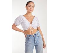 Pink Vanilla Women's Broderie Puff Sleeve Tie Top in Ivory | Size: Medium Pink Vanilla Ivory M