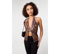 Pink Vanilla Women's Brown Animal Lace Halter Neck Top | Size: Medium Pink Vanilla Brown M