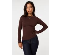 Pink Vanilla Women's Brown Asymmetric Boat Neck Long Sleeve Top | Size: Small Pink Vanilla Brown S