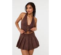 Pink Vanilla Women's Brown Suedette Lace Halterneck Top | Size: Large Pink Vanilla Brown L